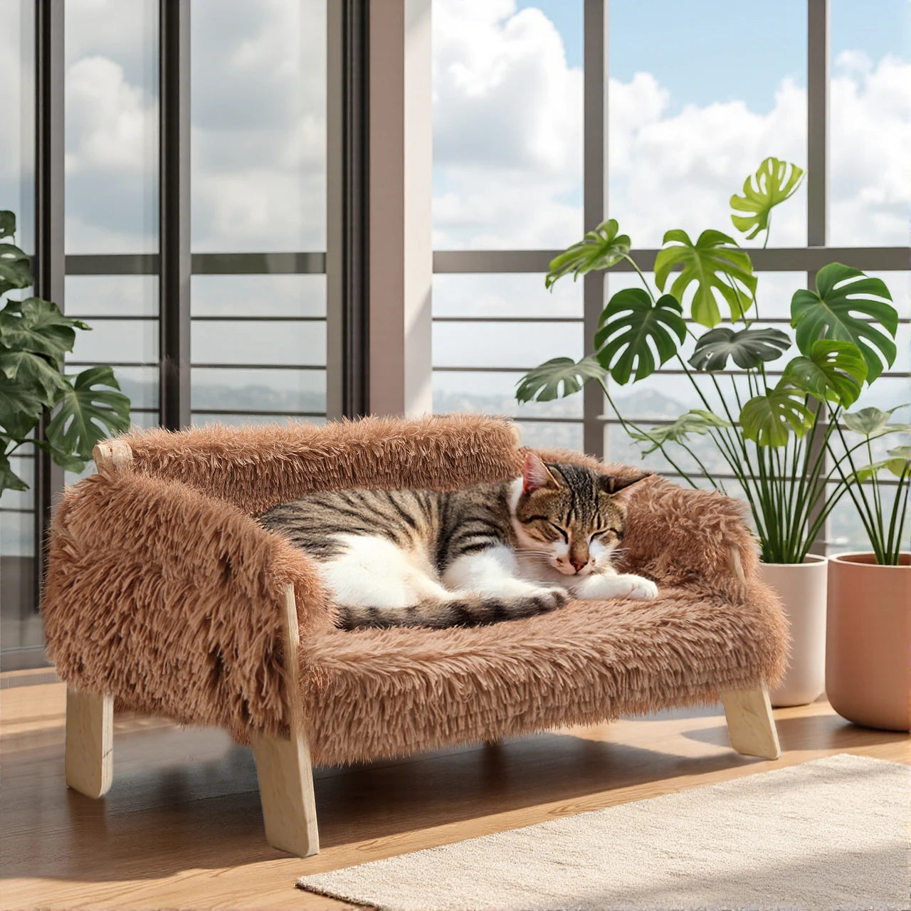 Wooden Leg Raised Plush Cat Sofa Bed