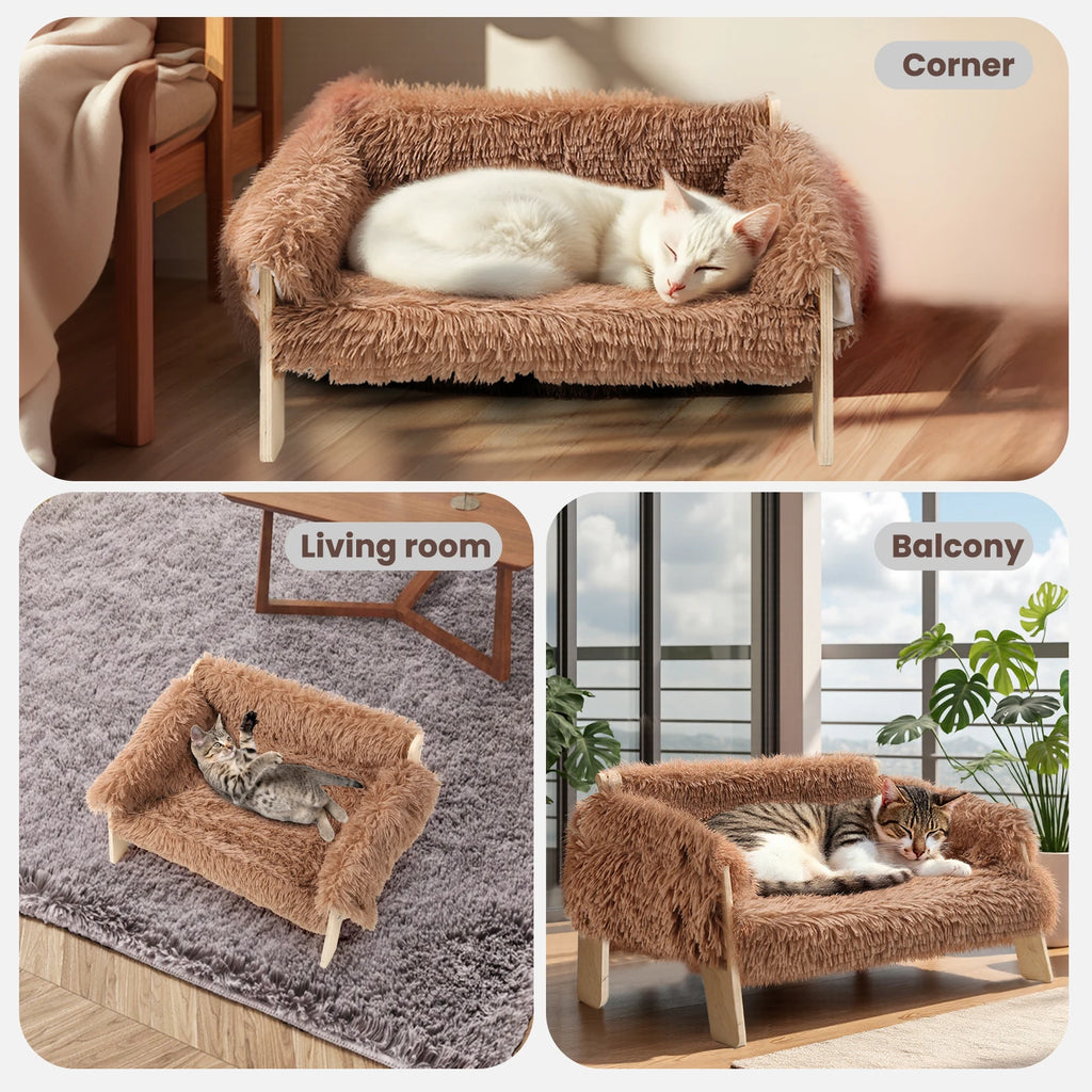 Wooden Leg Raised Plush Cat Sofa Bed