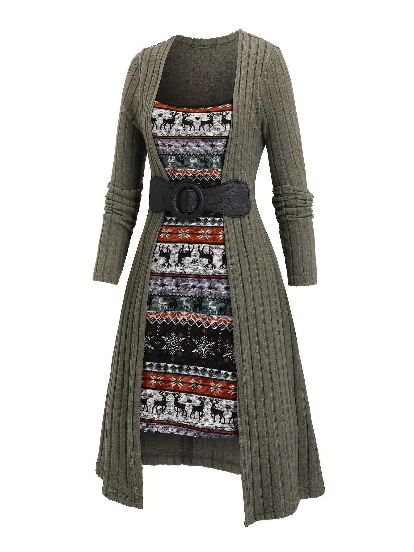Snowflake and Christmas Elk Printed Stitching Buckle Rib Knit Dress