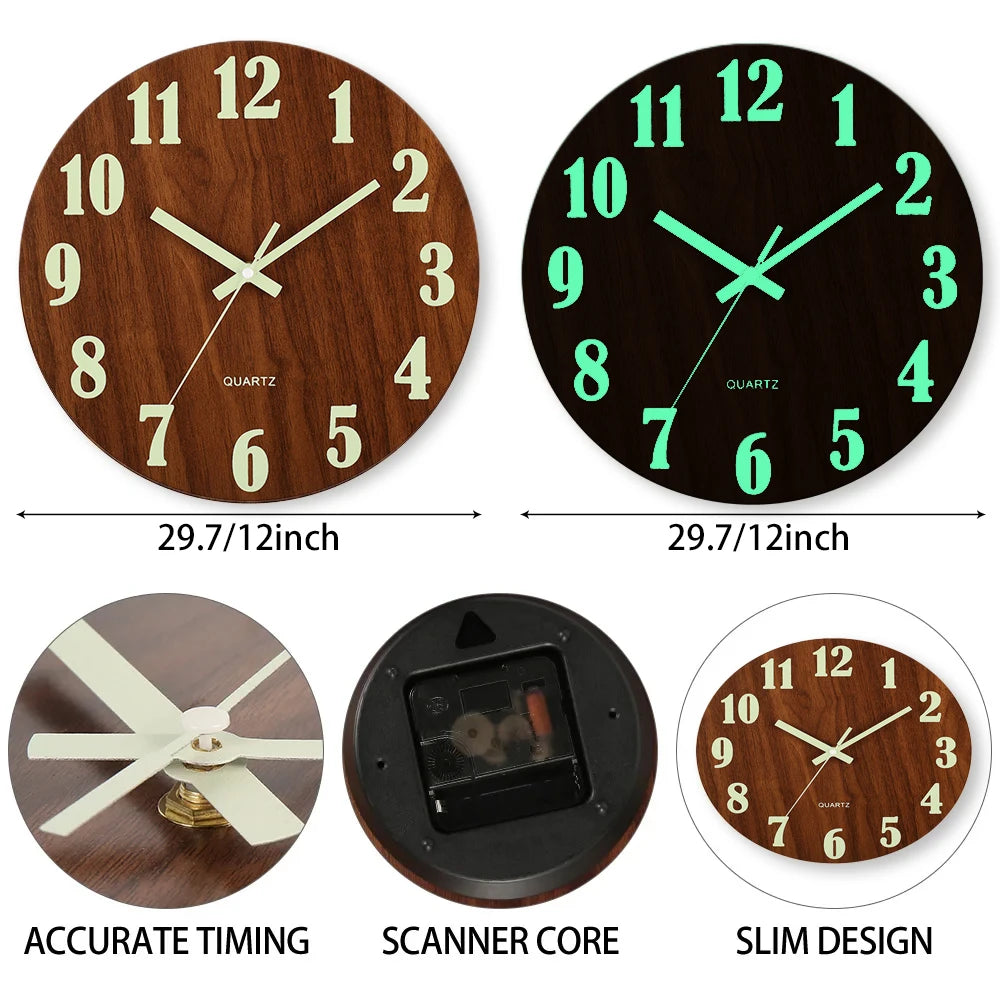 12 Inch Wood Luminous Wall Clock