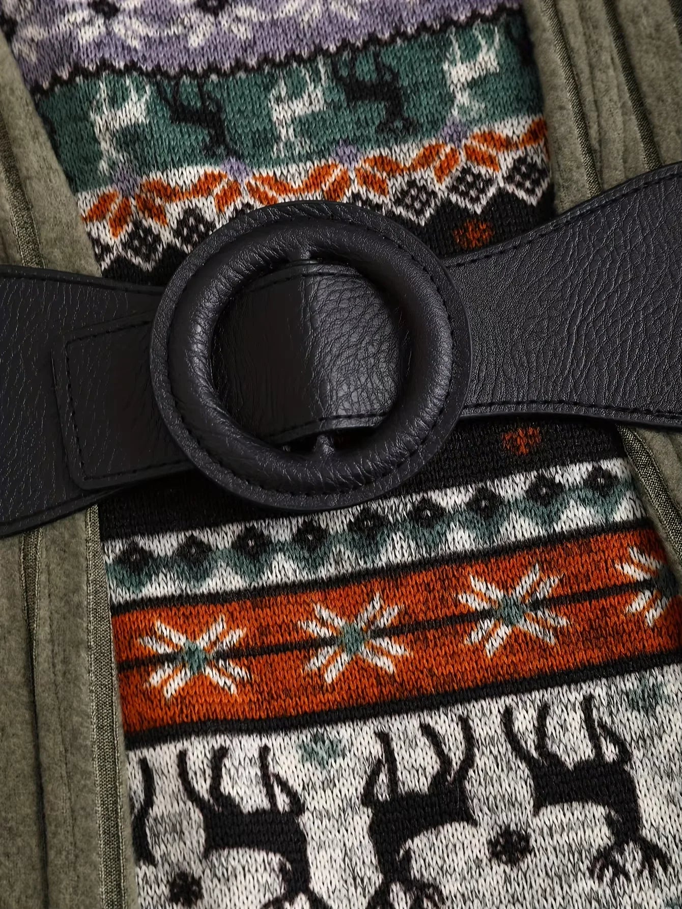 Snowflake and Christmas Elk Printed Stitching Buckle Rib Knit Dress