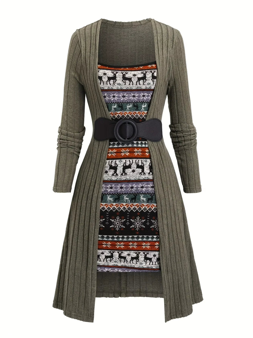 Snowflake and Christmas Elk Printed Stitching Buckle Rib Knit Dress